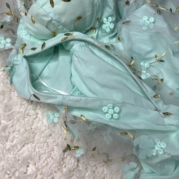 Aqua Floral Whimsical Flower Balloon Bubble Sleeves Girly MIDI Dress R5 - Picture 10 of 11